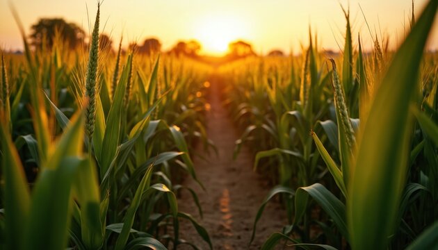 Golden hour in corn field. Sun shines at horizon, highlighting rows of green corn. Agriculture landscape, rural life concept. Peaceful farming at farmland during harvest.