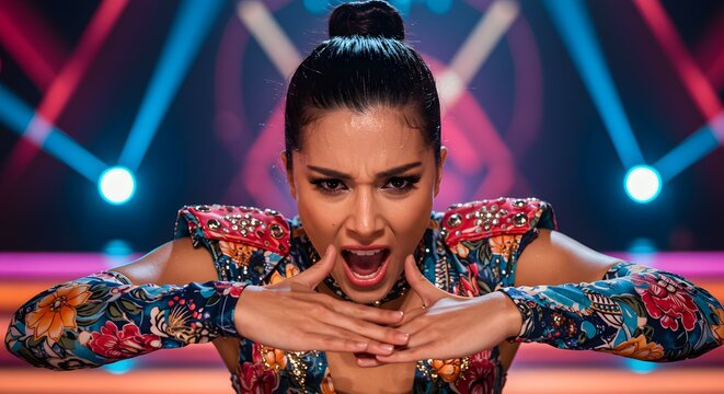 Dancer in an elaborate floral costume expresses intense emotion during a high energy stage performance under vibrant colorful spotlighting.