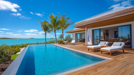 Fototapeta premium Luxurious swimming pool with crystal clear water, surrounded by palm trees and rocky coastline, overlooking a tranquil ocean under a bright blue sky, creating a serene vacation atmosphere