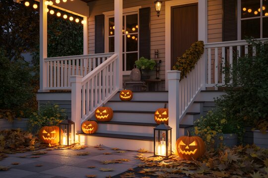 Festive halloween porch decorated with lit jack o lanterns and autumnal accents