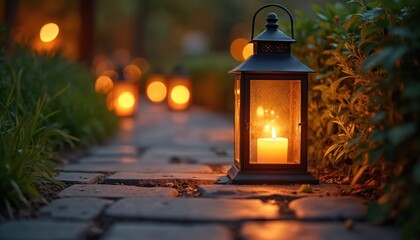 Warm candle lights illuminate peaceful garden walkway. Evening gathering at sunset. Outdoor pathway with cozy atmosphere, soft light, twilight. Romantic relaxing celebration, aromatherapy, peace.