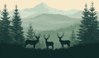 The atmosphere of a modern landscape is captured with silhouetted mountains, hills, forest, and a pair of deer