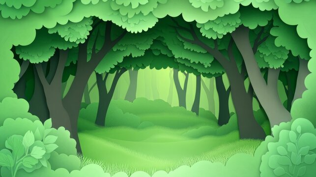 A creative concept of ecology and environment conservation is depicted in a modern illustration of a forest plantation with an eco-green nature forest background template in a paper art style