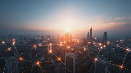 Fototapeta premium Smart digital Innovation city with connection network reciprocity over the cityscape. of future smart wireless digital city and social media networking systems that connects people with in city