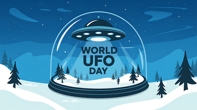 World UFO Day Banner with a glowing flying saucer on a dark background