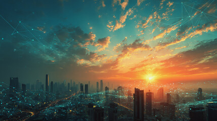 Fototapeta premium Smart digital Innovation city with connection network reciprocity over the cityscape. of future smart wireless digital city and social media networking systems that connects people with in city