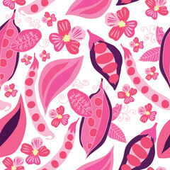 pink and purple colored peas pods with shrubs, pink and yellow flowers hand drawn vector seamless pattern