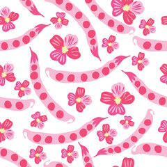 pink colored peas pods and colored flowers on white background vector seamless pattern. pink beans and flowers seamless pattern. It is good for textile, fabric, decorations, packaging and wrapping.