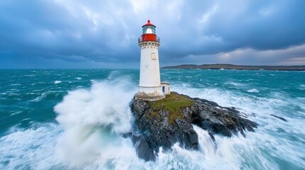 Obraz premium White Lighthouse Bathed in Dramatic Stormy Seascape