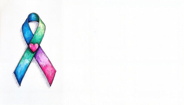 Multicolor awareness ribbon with central heart motif, symbolizing compassion, intersectional support, and unified advocacy across diverse health and social causes, with copy space