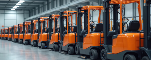 Orange forklifts line up inside modern warehouse. Industrial equipment, machinery, transport, cargo, logistic. Warehouse interior with electric fleet, power for delivery, distribution.