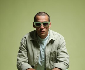 Obraz premium Fashionable portrait of handsome man in stylish outfit on green background