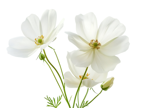 Three white cosmos flowers isolated on transparent background