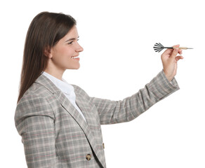 Targeting. Smiling businesswoman with dart aiming on white background