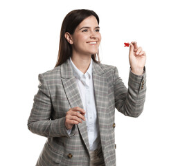 Targeting. Smiling businesswoman with dart aiming on white background