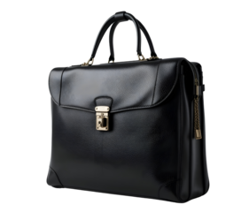 Black Leather Business Briefcase Isolated on Transparent Background
