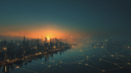 Naklejka premium Smart digital Innovation city with connection network reciprocity over the cityscape. of future smart wireless digital city and social media networking systems that connects people with in city