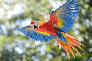 Naklejka premium Colorful parrot in flight showcasing vibrant plumage and exotic beauty in tropical sunlight with dynamic energy and freedom