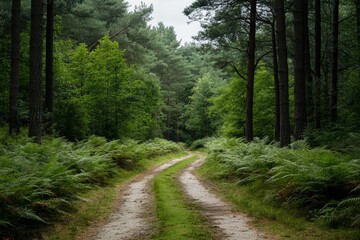 Fototapeta premium In the heart of a coniferous forest in Corse, France, a mystifying path intertwined with roots is surrounded by an abundance of green foliage, including bushes, leaves, and ferns