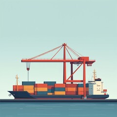 Fototapeta premium Visual illustration depicts cargo ship at the harbor terminal. Large red crane loads containers. Freight transport, logistics, international trade and import export business.