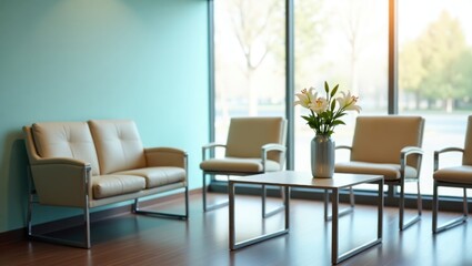 Modern waiting area with comfortable seating and a vase of lilies.