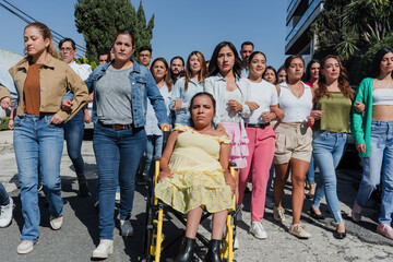 Group of Latin people activists protesting on streets for Human Rights in Mexico Latin America, Hispanic women and men together for peace and equality