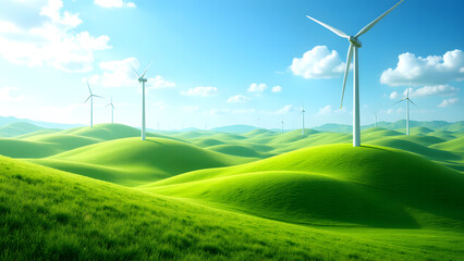 Wind Turbine: The tranquil wind turbine standing tall against an azure sky on a vibrant green hill captures the essence of renewable energy, symbolizing a sustainable future. 