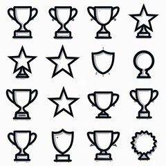 Set of award icons. Visual illustration of trophy, star, shield, medal. Collection of black success symbols, signs for winners, prizes, victory on white background.