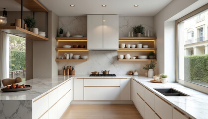 Modern luxury kitchen interior design with Italian marble countertops brass fixtures open shelving high gloss white cabinets. Elegant minimalistic new home apartment design with contemporary
