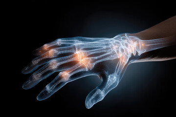 Human hand skeleton with highlighted joint pain areas, digital medical illustration showing inflammation and discomfort in fingers and wrist bones