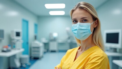 Blonde woman in surgical mask stands in a modern, clean medical setting. She wears yellow scrubs looking at the camera. Healthcare pro, doctor or nurse poses for photo.