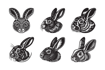 rabbit head silhouette in tribal style bundle on white background