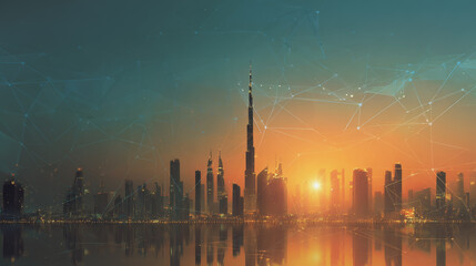 Fototapeta premium Smart digital Innovation city with connection network reciprocity over the cityscape. of future smart wireless digital city and social media networking systems that connects people with in city