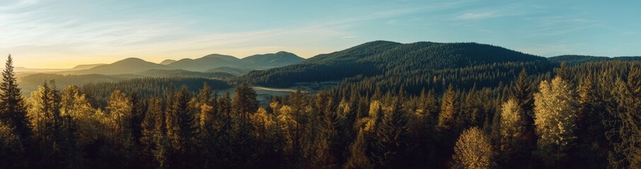 Fototapeta premium Panoramic aerial landscape showing sunset over the mountains and forest of Yarra Ranges National Park