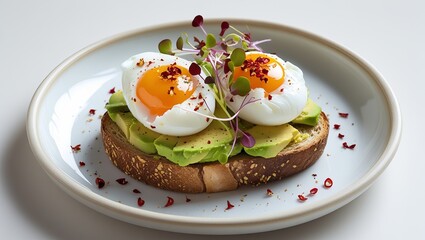 Avocado Toast Two Poached Eggs Red Pepper Flakes Microgreens