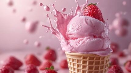 strawberry ice cream topped with a fresh strawberry