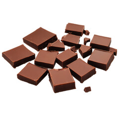 Fototapeta premium Chocolate squares, Rich brown color, Smooth texture, Broken pieces, Stacked chocolate
