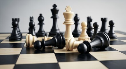 Chess game with fallen pieces on the checkered board view