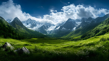 Fototapeta premium A stunning mountain panorama under a bright blue sky, with snow-capped peaks and lush green valleys stretching into the distance.