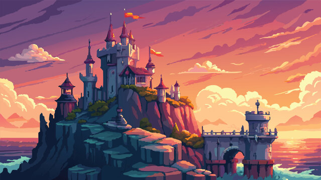Pixel Art Majestic Fantasy Castle Background &ndash; Royal Fortress and City Skyline Landscape for RPG Game