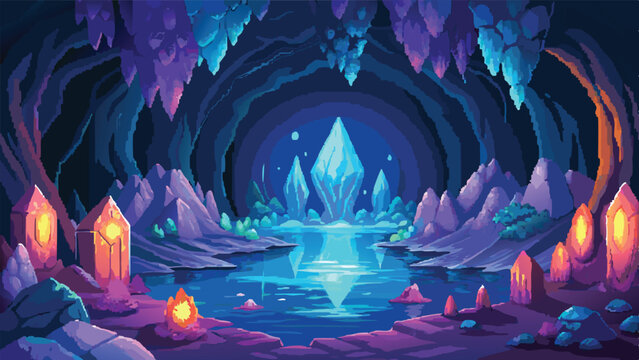 Pixel Art Fantasy Cave Background &ndash; Glowing Crystal Cavern Landscape in RPG Pixel Game Style