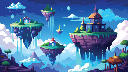 Pixel Art Floating Island Background – Sky Island Landscape in Magical Fantasy Pixel RPG Style