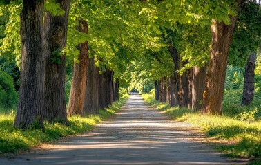 Fototapeta premium The trees in the Beautiful Green Forest are bathed in morning sunlight, with a gentle path winding through the spring forest