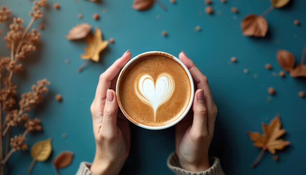 Female hands hold cup coffee, art latte heart shape in foam. Autumn leaves, branches background, cozy scene, top view. Cafe table, warm time. Coffee break, hot drink. - Powered by Adobe
