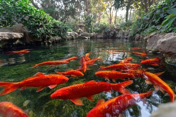 A pond teeming with vibrant orange fish swimming amidst aquatic plants and serene rockedged water