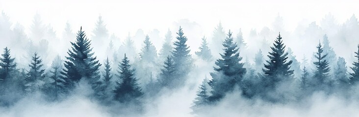A seamless pattern featuring a foggy spruce forest with fir trees isolated on a white background