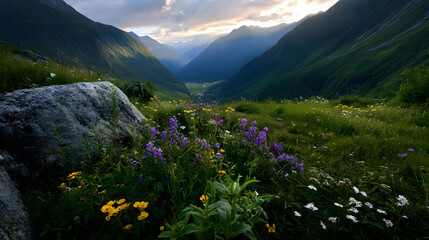 Fototapeta premium A stunning mountain pass lined with vibrant wildflowers, overlooking a deep valley.