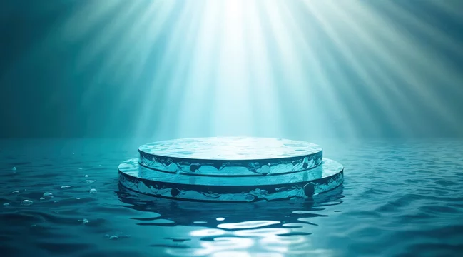 Futuristic Glass Stand Above Gentle Water Surface
