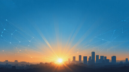 Fototapeta premium Smart digital Innovation city with connection network reciprocity over the sunset cityscape. of future wireless digital city and social media networking systems that connects people with in city