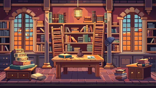 Pixel Art Library Interior Background &ndash; Cozy Fantasy Library Scene in 8-bit 16-bit 32-bit Pixel Style